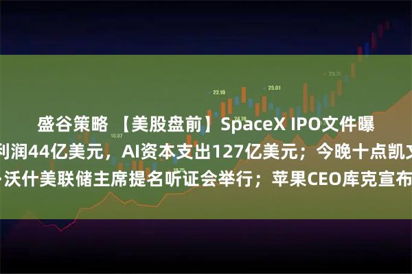 盛谷策略 【美股盘前】SpaceX IPO文件曝光：星链2025年运营利润44亿美元，AI资本支出127亿美元；今晚十点凯文·沃什美联储主席提名听证会举行；苹果CEO库克宣布将卸任，硬件主管特努斯接棒